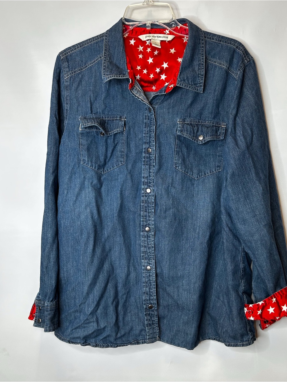 NYDJ Blue Denim Button-Front Shirt with Red Star Lining